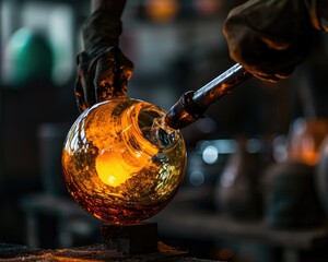 Glassblower crafting a glass sphere for artistic and decorative purposes
