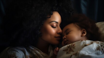 Portrait of Affectionate Black Mother Leaning Down to Kiss her Baby who is Resting on a Bed. Woman Expressing her Motherly Love to her Infant, generative ai.