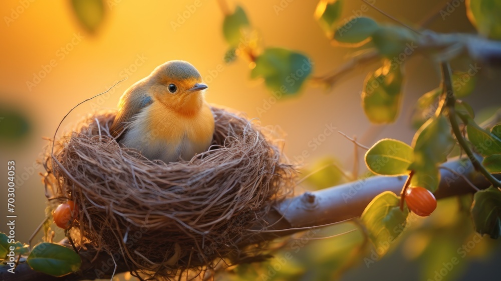 Poster a small yellow bird sitting on top of a nest on top of a tree branch with berries on the branch.