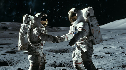 A handshake across space: astronauts symbolize global cooperation on the moon - obrazy, fototapety, plakaty