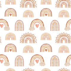 Rainbow seamless pattern in boho style with neutral brown and pink rainbow, sun, heart background elements. Boho nursery decor.