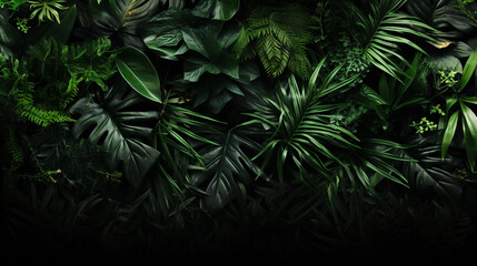 Fototapeta na wymiar Dark Jungle Leaves in Dark Green Filling the Entire Image