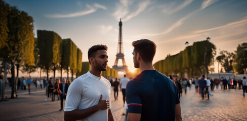 athletes on the square near the Eiffel Tower in Paris - obrazy, fototapety, plakaty