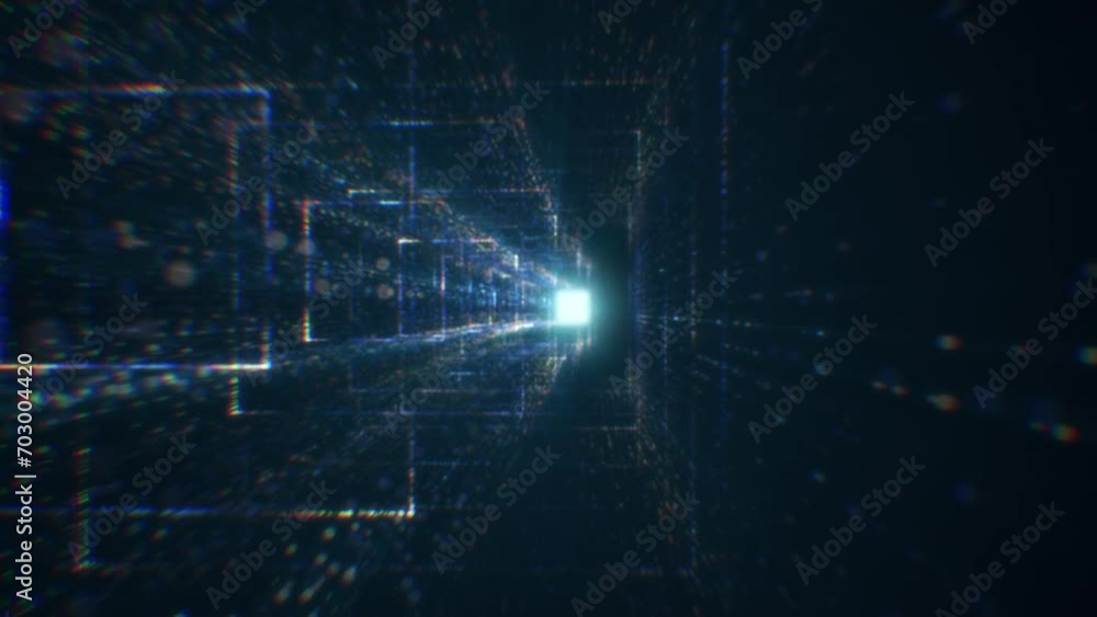 Poster abstract digital tunnel in cyberspace consisting of particles. virtual space consisting of a bright 