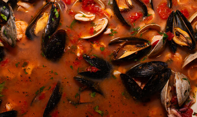 close-up of seafood soup 