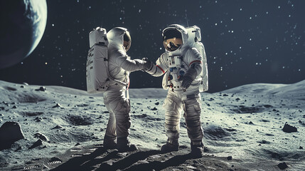 Global teamwork: astronauts express unity with a lunar handshake - obrazy, fototapety, plakaty