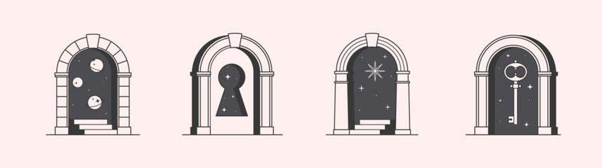 Vector mystic logo design templates with portal,steps,planets,outer space,stars,key,keyhole.Surreal abstract illustrations in trendy minimal outline style.Celestial emblems.Branding design templates.