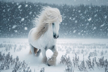 white Friesian stallion galloping field.