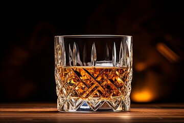 Elegant whisky glass isolated on a rich brown background with ample copy space for text placement
