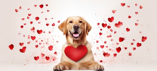 Smiling golden retriever dog surrounded by hearts and love symbolism. Valentine's Day pets. Banner.