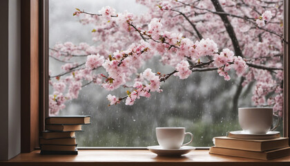 Fototapeta na wymiar Rainy day ambiance with cherry blossoms, coffee, and books view from a cozy cafe.