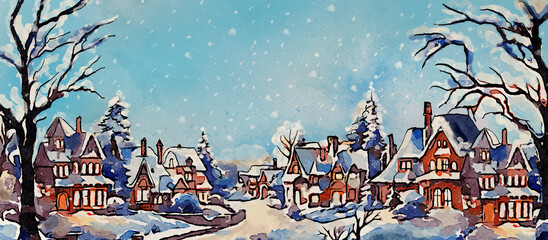 Winter town, watercolor background, design element