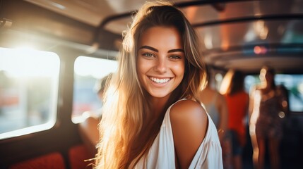 Happy young woman holding handle on public bus with bright colors and copy space available