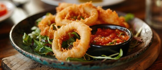 Crispy onion rings with rocket salad and salsa dip. - obrazy, fototapety, plakaty