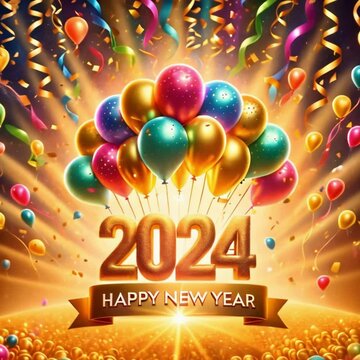 2024 New Year Celebration with Balloons and Confetti