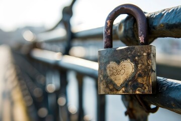 A close-up of a padlock with a heart engraving, attached to a bridge railing, a symbol of unbreakable bonds and commitments copy-space