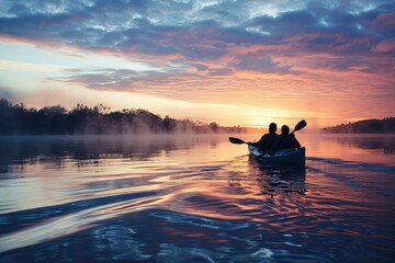 A couple kayaking on a tranquil lake at dawn, the water reflecting the colors of the sunrise, sharing a moment of peace and connection in the great outdoors.