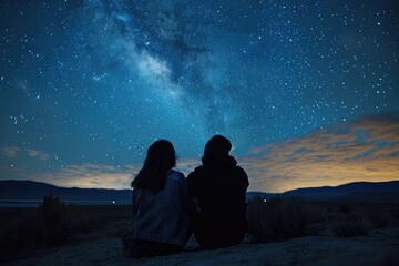 A couple stargazing in a remote location, the vastness of the night sky a canvas for their dreams and the shared wonder of the universe's mysteries.