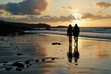 A couple walking hand in hand along a beach at sunset, the fading light and rhythmic waves a backdrop to their deepening bond and reflection.