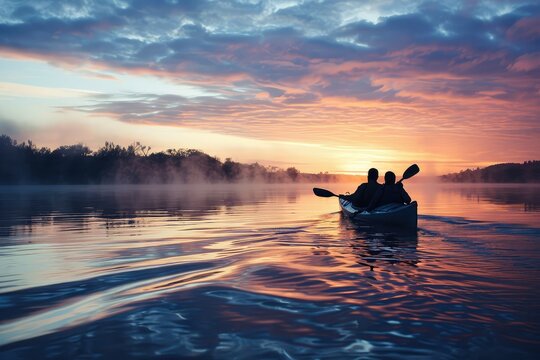 A couple kayaking on a tranquil lake at dawn, the water reflecting the colors of the sunrise, sharing a moment of peace and connection in the great outdoors.