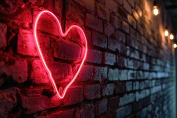 A glowing neon heart sign on a brick wall, illuminating the surrounding area with a radiant and lively space for energetic love exclamations copy-space - obrazy, fototapety, plakaty