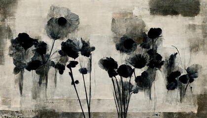Generative AI, Black watercolor abstract painted flowers on vintage background. Ink black street graffiti art on a textured paper, washes and brush strokes..	
