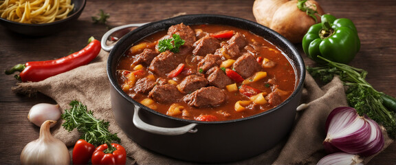 Traditional beef stew with bell peppers and onions