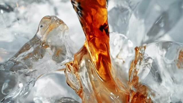 Pouring Soda on Ice Cubes in Macro and Slow Motion, Transparent Fizzy Liquid Flows Down the Frozen Blocks and Cools Down