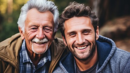 Hipster son embracing senior father at home, generations united in love and happiness