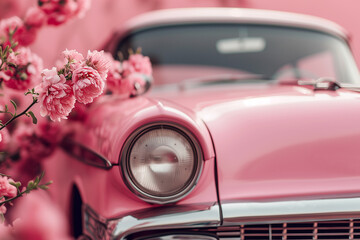 Pink retro car with flowers on pink background. Valentine day, February 14 card. International...