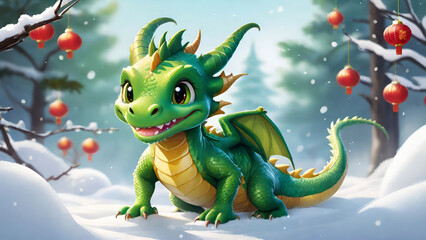 Obraz premium Cute smiling green dragon on a light blurred bokeh background. Winter holidays, Chinese New Year 2024 greeting card concept for design with space for text. Generative AI