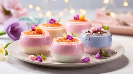 Obraz na płótnie Canvas a white plate topped with desserts covered in pink and blue frosting and topped with pink and purple flowers.