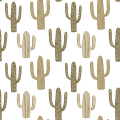 Cactus seamless pattern in boho style with different types of succulent plants, cacti, flowers, sun, heart background elements. Boho nursery decor.