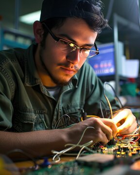 Young technician working on electronics in a lab suitable for tech industry and education