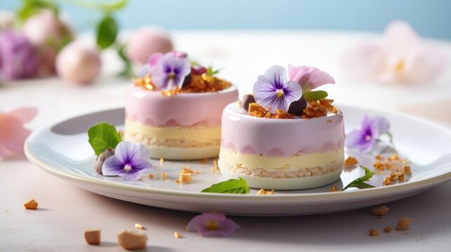  a white plate topped with two desserts covered in pink and white frosting and topped with purple pansies.