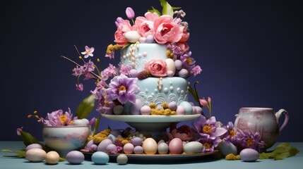  a three tiered cake with pink flowers on top of a table with eggs and flowers on the side of the cake.