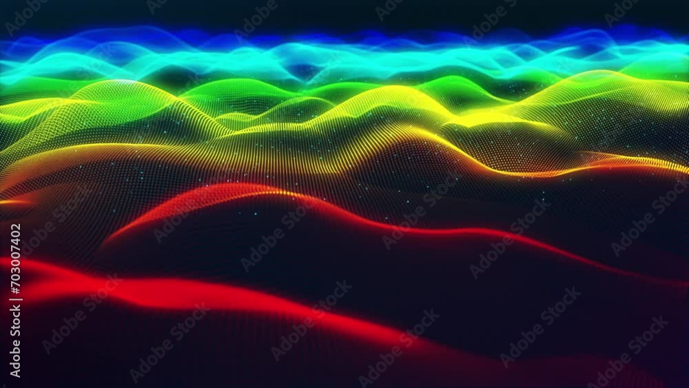 Poster neon glow surface. stunning surface composed of neon glow particles that form waves of light. seamle