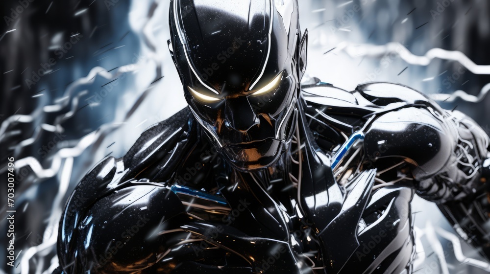 Poster high-tech black robot with energy in the form of lightning, ai