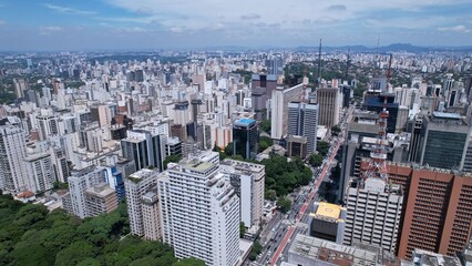 Aerial view of Avenida Paulista in Sao Paulo, Brazil. Very famous avenue in the city. High-rise commercial buildings and many residential buildings