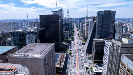 Aerial view of Avenida Paulista in Sao Paulo, Brazil. Very famous avenue in the city. High-rise...