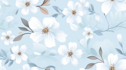  a blue and white floral wallpaper with white flowers and leaves on a light blue background with a light blue background.
