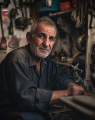 Portrait of an elderly craftsman in a workshop