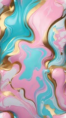 The image shows an abstract design with swirling patterns of pink, blue, and gold, accented with what appear to be pearls and flecks of gold leaf, creating a luxurious and dynamic visual texture.