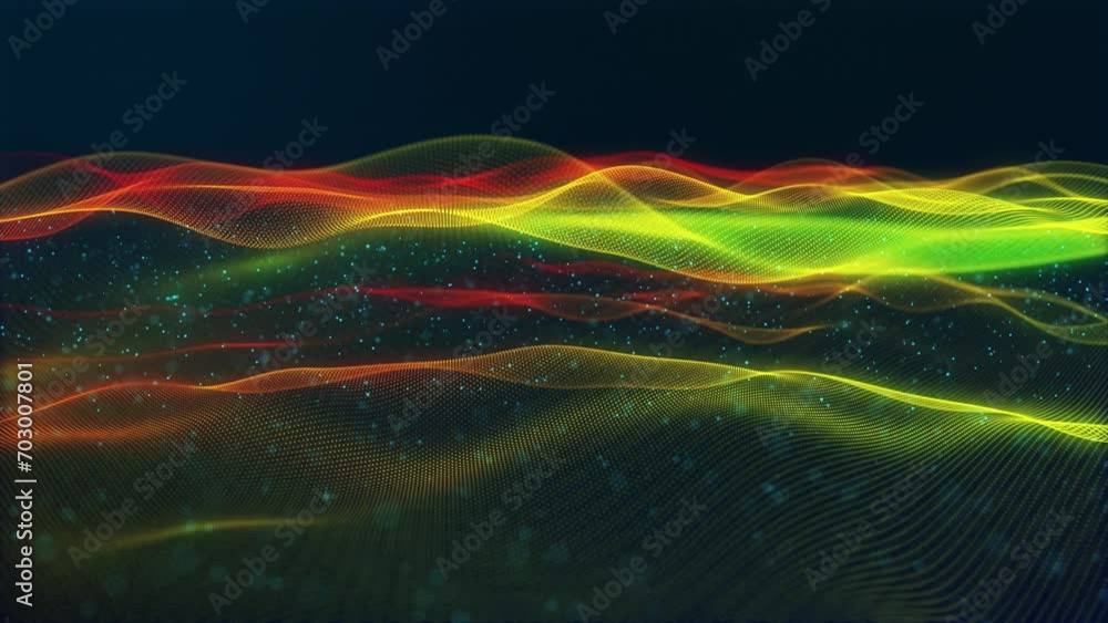 Poster stunning surface composed of neon glow particles that form waves of light. captivating seamless loop