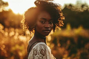 Portrait of a young African woman at sunset for beauty and lifestyle concepts - obrazy, fototapety, plakaty