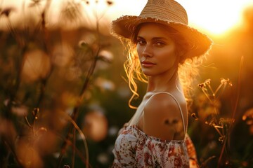 Portrait of a young woman in a field at sunset perfect for lifestyle or fashion industry
