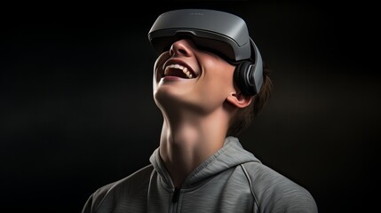 Young man indulging in a captivating virtual reality adventure with a cutting edge headset