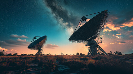 Two massive radio telescopes and dishes on Earth, scanning expanse at high-tech observatory