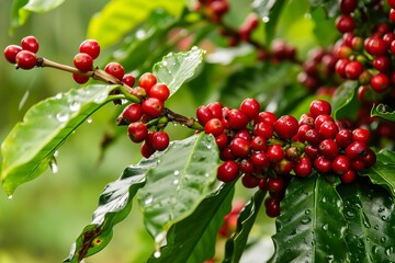 Obraz premium Freshness Unveiled: Dew Drops on Coffee Plant Cherries