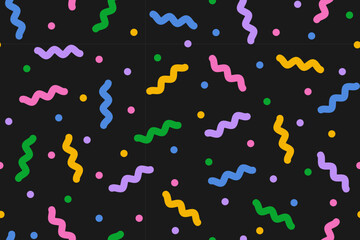 Colorful confetti seamless pattern in doodle style on black background. Cute abstract design for children. Multi colored decorative sprinkles. Pop art style texture. Vector illustration